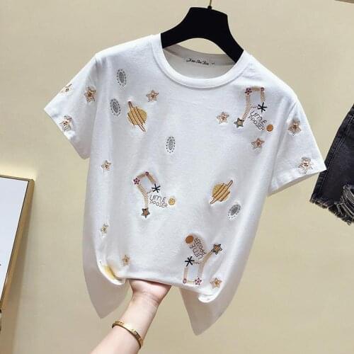 Zuolunouba Casual Summer Tops Female High Quality Cotton Tees Short Sleeve Embroidery Milky Way Starry Harajuku Women T-shirts