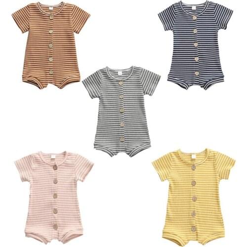 0-12M Boys Girls Cotton Clothes Newborn Infant Striped Button Fly Short Sleeve Bodysuit Jumpsuit Cotton Clothes Outfit