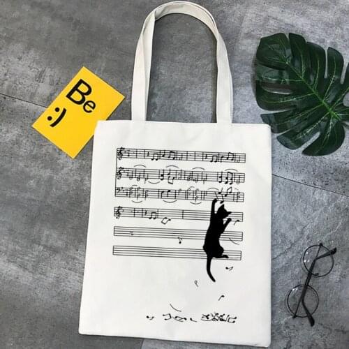 Music Cat Graphic Print Shopping Canvas Tote Bag Harajuku Aesthetic Reusable Shopper Shoulder Bag Handbag Student Book Bags