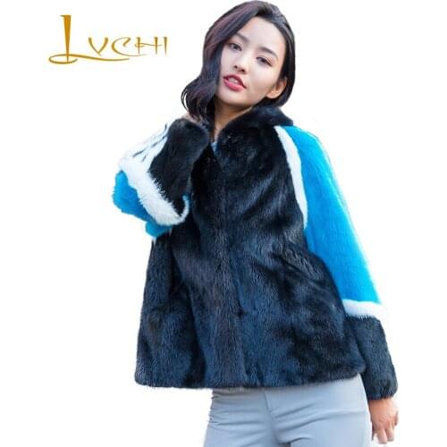 LVCHI Winter 2019 Import Real Mink Fur Coats Womens Coat Full Pelt Causal Contrast Color Back Split The Fork Short Mink Coats