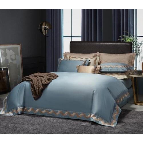 Solid Light Blue Bedding Set King Size Jacquard Fitted Sheet Cotton Pillowcase Duvet Cover Bed Linen