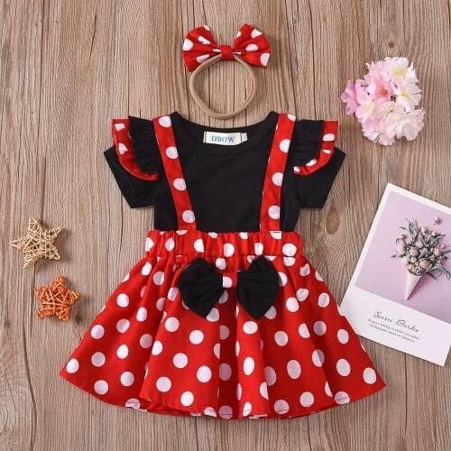 2021 Summer Toddler Baby Girls Clothes Set Short Sleeve +polka dot Girdle skirt for kids + Headband Outfit
