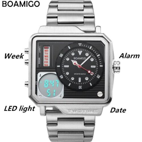 Brand BOAMIGO Mens Digital Watches Fashion Square Quartz Wristwatches 30m Waterproof Stainless Steel Men Watch Led Male Clock