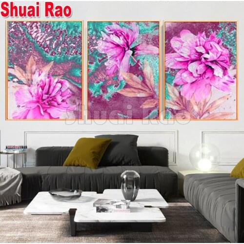 3Piece Diamond Painting Full Square Round Drill 5D Diy Triptych Abstract Painting Diamond embroidery Pink Flowers Diamond Mosaic