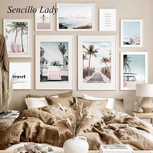 Ocean Beach Bus Palm Tree Surfboard Nature Landscape Painting Seaside Poster Canvas Print Nordic Wall Art Picture Home Decor