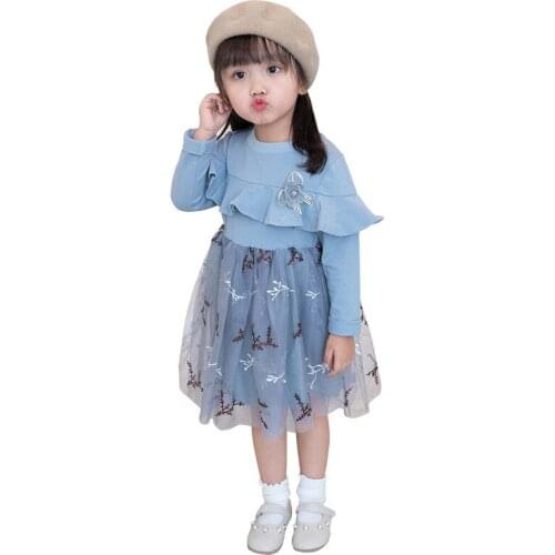 Korean Style Girls Dress Long Sleeve Flower Embroidery Kids Dresses for Girl Cotton Mesh A-line Toddler Children Clothing