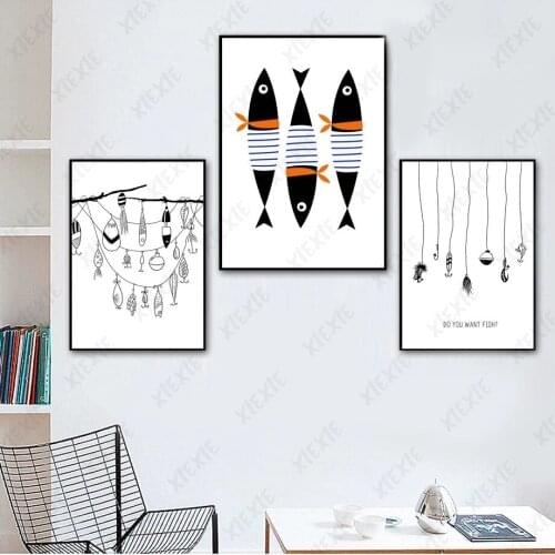 Simple Black and White Poster Fishing Bait Canvas Painting Art Wallpaper for Home Living Room Decoration Craft Print Picture
