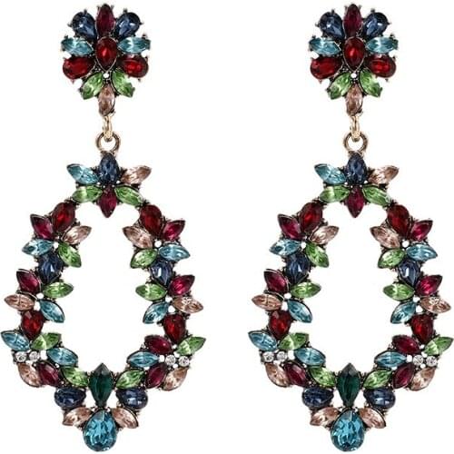 Simple Vintage Antiqued Gold Colorful Rhinestone Little Flower Hollow Statement Drop Earrings for Women Girls Fashion Jewelry