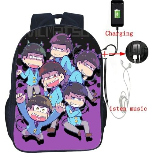 Anime Osomatsu-san Kara Choro Ichi USB Charge Rucksack Students School Bags USB Charging Double Pocket Shoulder Backpack