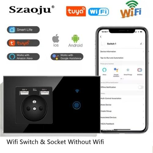 EU Light Touch Smart Switch With USB Socket Combination Sensor Button French Plug 16A Tempered Crystal Glass 433MHz Wall Panel