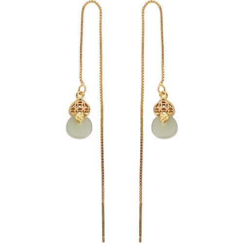 S925 sterling silver gold plated Hetian gray jade hanging earrings retro long womens coin gourd eardrop earring