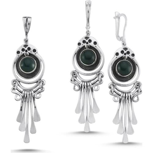 Silverlina Silver Green Agate Stone Handwork Set
