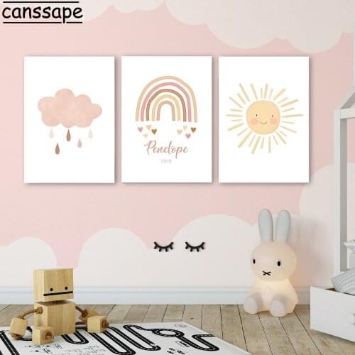 Sun Cloud Rainbow Print Custom Name Birth Canvas Poster Sunshine Nursery Wall Art Painting Nordic Poster Picture Baby Room Decor