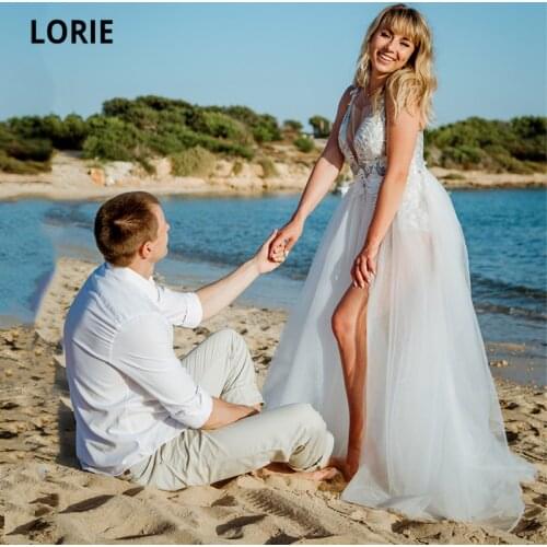 LORIE Boho Wedding Dresses Spaghetti Strap Glitter Lining Appliques Floor Length Side Split Tulle Bridal Gowns suknia ślubna