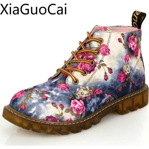 Winter New Style Women Boots Printed Fashion Round Toe Female Ankle Boots Spring and Autumn Martin Boots for Student Lu13 35