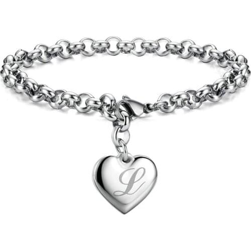 Initial Charm Bracelets Stainless Steel Heart 26 Letters Alphabet Love Bracelet for Women Valentines Day Gifts Adjustable