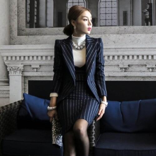 2020 Spring Autumn Women Striped Jackets Blazer And Mini Bodycon Dresses Suits Female Office Long Sleeve Casual Work Sets