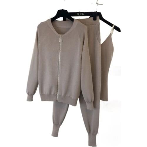 2021 New Spring Knitted Tracksuit Women 3 Piece Set Knitted Chain Vest Zipper Cardigans Elastic Waist Pencil Pants Suits Female