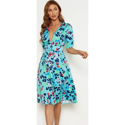 Women Deep V-neck Dress,2021 Summer Fashion Floral Printed Pattern Short Sleeve Button-down Popular Women-Clothing,Blue/ Green