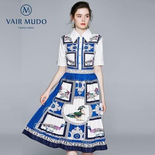 New Fashion Shirt Collar Slim Pleated Print Dress Women Square Collar Original Design Chiffon Blue Summer Fashion Elegant Y-174