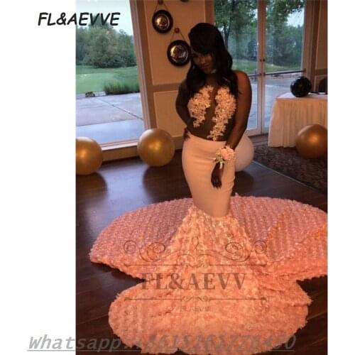 2021 Mermaid Evening Dress Sexy Lace High Neck Flower Train South African Floor Length Black Girls Evening Party Gowns