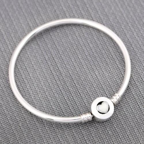 Authentic S925 Sterling Silver Wonderful Love Heart Clasp Snake Chain Bangle For Women fit Lady Bead Charm Pendant Jewelry