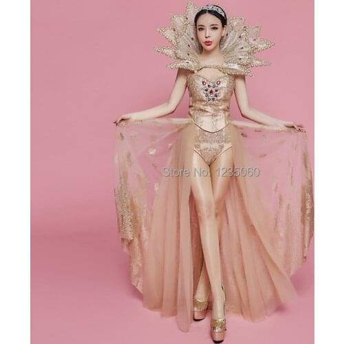 Sparkle queen gold print rhinestone drag tail suit bar club concert female dancer costumes