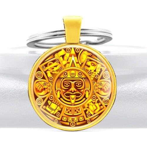 Gold Color Mayan Civilization Symbol Glass Dome Pendant Key Chain Unique Men Women Key Rings Jewelry Gifts Keychains
