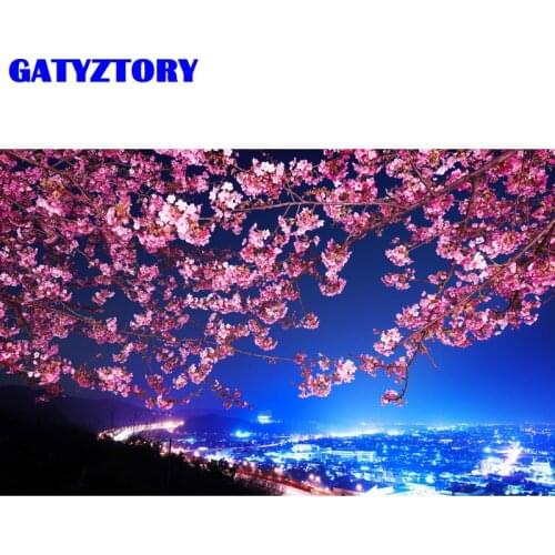 GATYZTORY Pictures By Numbers City Landscape Acrylic Drawing Canvas Oil Painting Sakura For Adults Home Decoration Gift 40x50CM