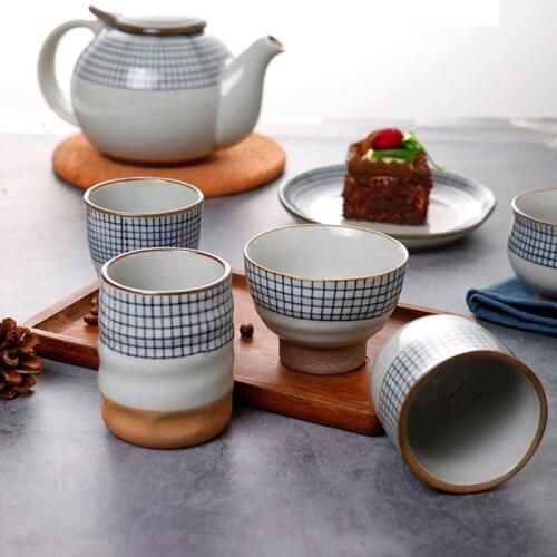 Creative Chinese Ceramic Tea Cup Soup Cup Coarse Pottery Hand Painted Lattice Pattern Wine Coffee Cups Handcraft Porcelain Mugs