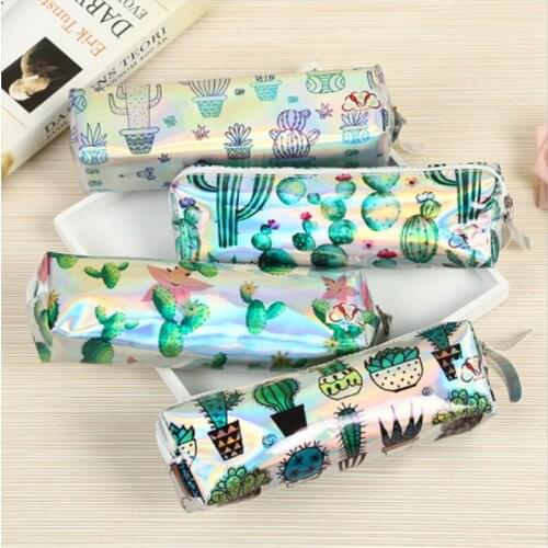 Laser Cactus Pencil Case Shining Color Laser Holographic Pencil Case Bag Makeup Handbag Purse Makeup Bag Cute School Supplies