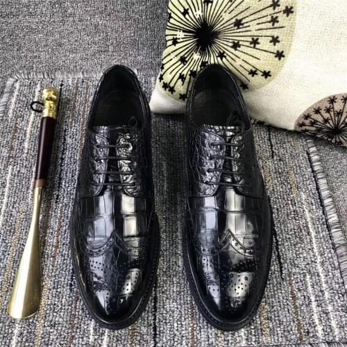 Authentic Crocodile True Belly Skin Mens Derby Oxford Brogue Shoes Genuine Real Alligator Leather Male Business Platform Shoes