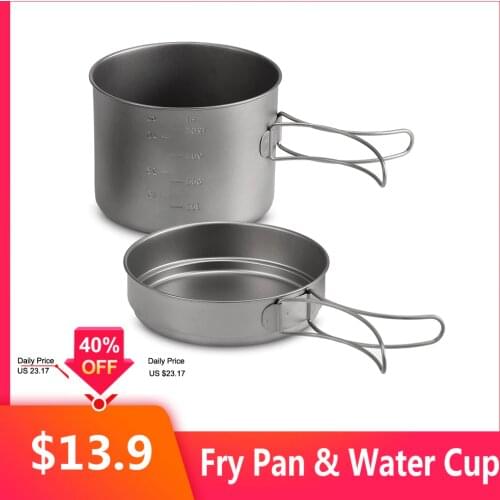 1100ML / 1600ML Titanium Pot Pan Set Water Cup Mug Titanium Cup Hang Pot Super Lightweight Camping Cookware Set Folding Handle