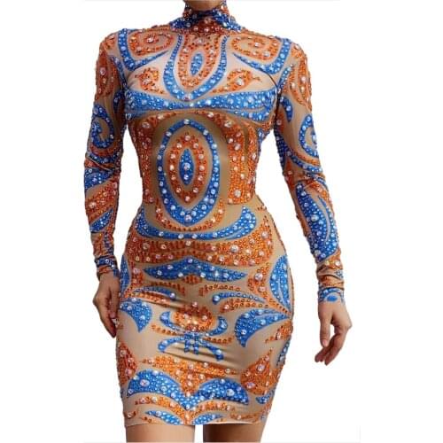 Women New Sexy Stage Spandex Print Shiny Rhinestones Dress Performance Bar Singer Dancer Skinny Rompers Party Costume Jumpsuit