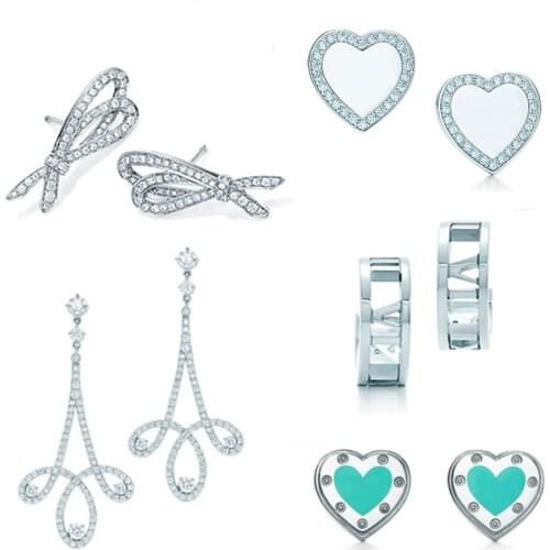 NEW Charm 925 Sterling Silver Classic Love Heart Stud Earrings Bow and Geometric Trendy Simple Zircon Stud Earrings TIF Gift