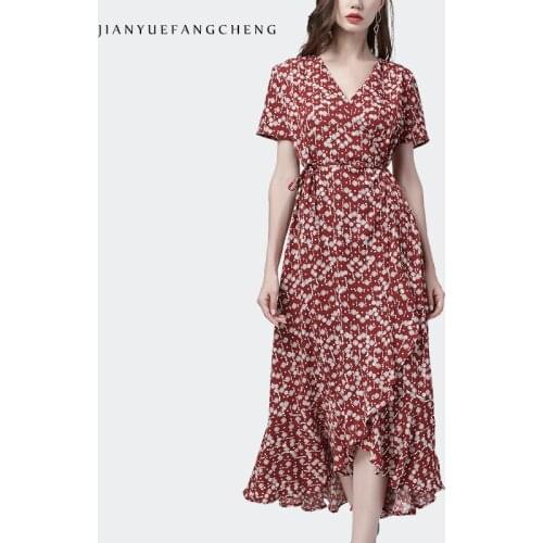 Office Ladies Flowers Printed Red Long Dress Summer New Elegant Plus Size Short Sleeve V-Neck High Waist Lace Up Draped Dresses