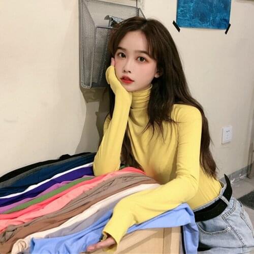 Autumn Winter 2020 New High-collar Solid Color Self-fitting Tee Fashion Simple Long Sleeve Pullover T Shirt Women