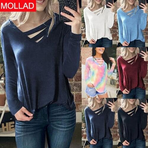 2021 Autumn and Winter Hot European and American Womens Clothing Solid Color Long Sleeve V-neck Tops T-shirt