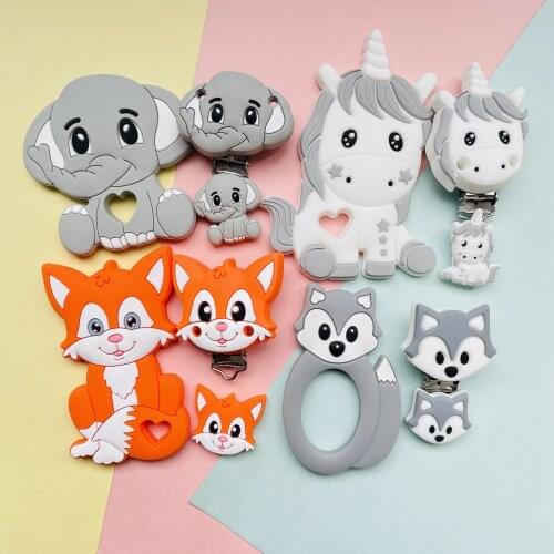 3pcs Animal Elephant Bear Mickey silicone teether beads and clips Baby Teether Pacifier Chain Accessories Teething Jewelry Toys