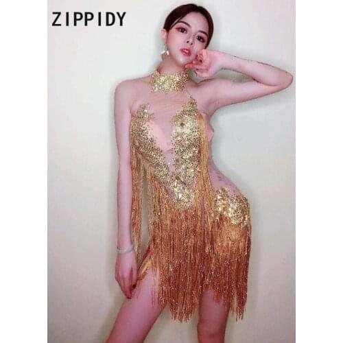 Flashing Gold Rhinestones Tassel See Through Dress Birthday Celebrate Mesh Outfit Women Singer Bar DS Stage Dress