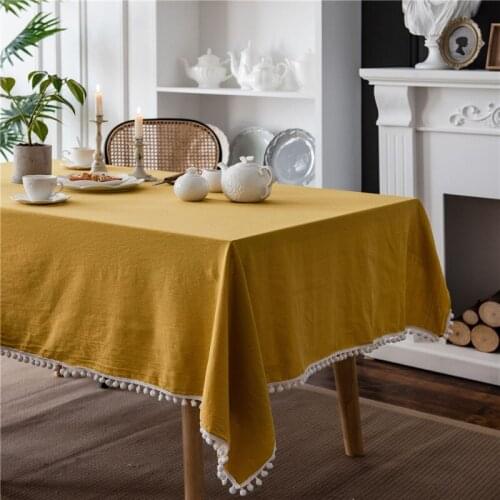 Washed Cotton Rectangular Tablecloth Solid Color With White Ball Tassel Table Cover Home Dinner Tea Table Decoration