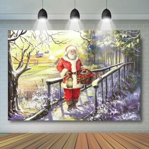 Christmas Backdrop Kids Forest Photography Santa Claus Theme River Bridge Child Girl Portrait Hand Paint Background Photostudio