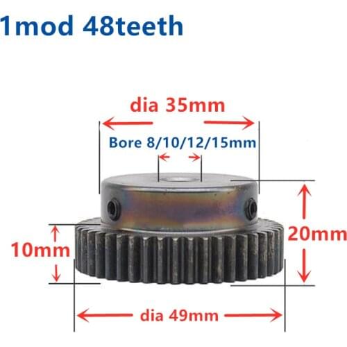 Spur Gear Rack Pinion 48T 48Teeth Mod 1 M=1 Bore 8mm 10mm 12mm 15mm Staight Teeth positive gear 45#steel CNC transmission RC