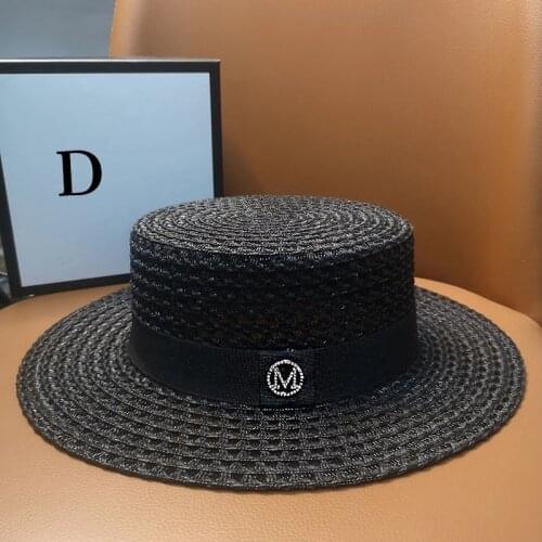 Summer Womens Sun Hat Flat Top Hat, Travel and Vacation Sun-shading Beach Hat, Straw Hat, Size Adjustable, Panama Hat Simple