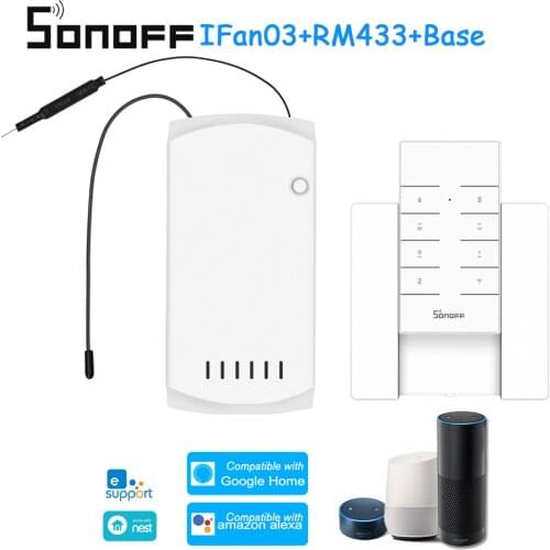 SONOFF IFan03+RM433+Base Ceiling Fan Controller Smart Switch Controller with RF Remote Base WiFi Ceiling Fan Light Controller