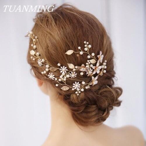 Gold Leaf Pearl Rhinestone Flower Bride Headband Wedding Hair Jewelry Flower Hair Bands Wedding Bride Hair Ornaments