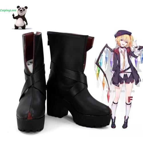 Touhou Project Flandre Scarlet Black Cosplay Shoes Long Boots Leather Custom Made CosplayLove