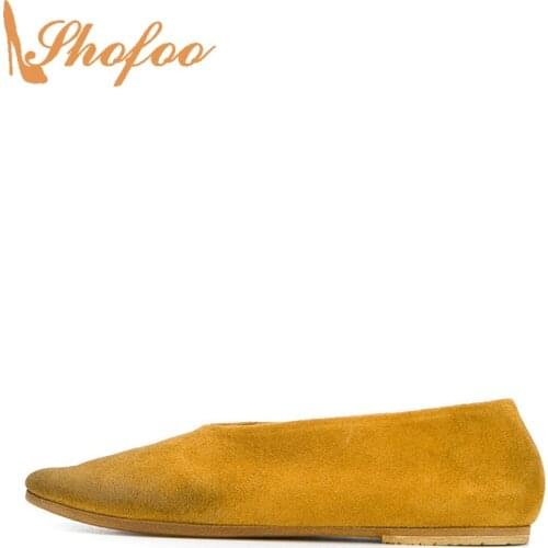 Yellow Flock Flats Woman Round Toe Slip On Large Size 12 14 Ladies Summer Formal Casual Footwear Fashion Distressed Shoes Shofoo