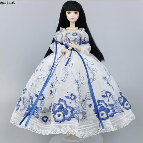 White Blue Floral Evening Gown Wedding Dress For Barbie Doll Outfits Princess Dresses Clothes for 1/6 BJD Dolls Accessories Toys