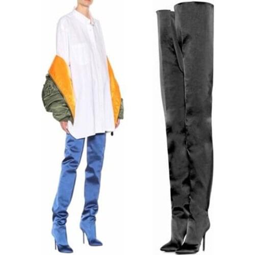 2019 New Stilettos High Heels 12 CM Womens Pants Long Boots Fashion Blue Black Satin Cloth Shoes Sexy Waist Boots Big Size 42